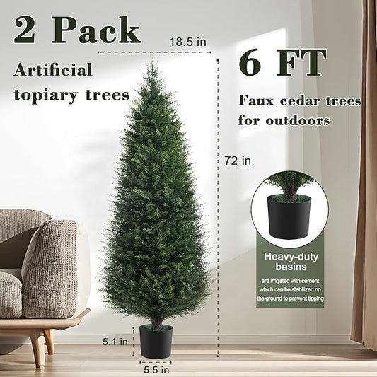 Two 6ft Artificial Plants Topairy Faux Cedar Trees for Outdoor Planters, 72IN Tall Fake Pine Bushes UV Resistant Large Potted Shrubs for Front Porch Décor