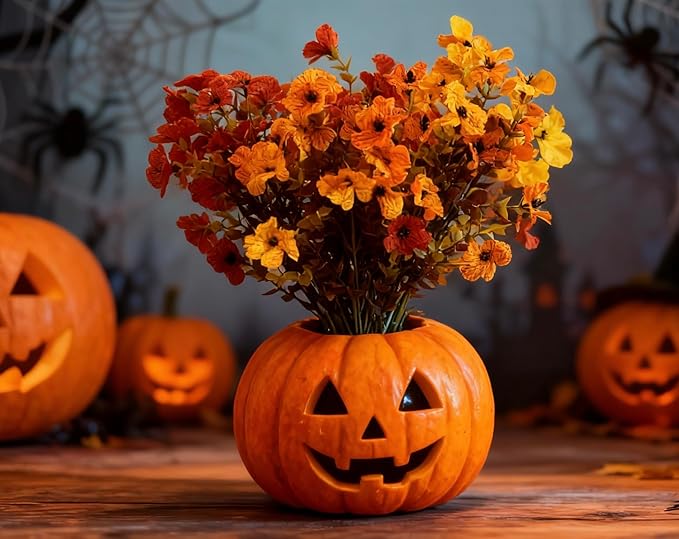 Artificial 15-Bloom Violet Flowers, Fake Flowers for Indoor Outdoor Decor, Faux Plants for Garden, Porch, Fall and Seasonal Decoration, UV Resistant Faux Plants (Orange and Yellow)