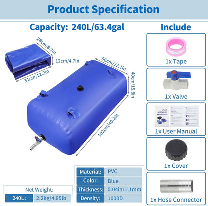 240 L/63.4 gal Water Storage Bladder Container Large Capacity Foldable Portable Water Tank Urgency Water Bladder Soft Water Bag RV Camping Garden Watering Field Irrigation 1000D