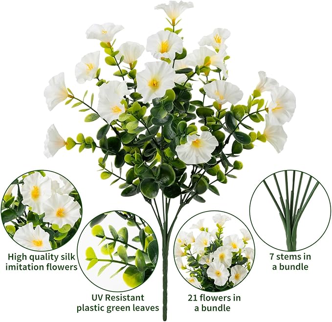 Lnoicy Artificial Flowers for Outdoor 12 Bundles Eucalyptus Fake Flowers for Planter,UV Resistant Fake Morning Glory for Home/Porch/Garden Decoration（White）
