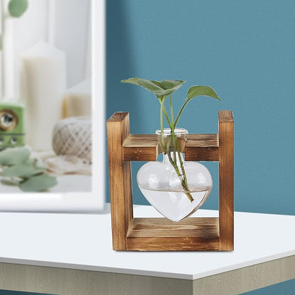 Zerodis Plant Terrarium with Wooden Stand,Heart Shaped Transparent Glass Vase Flower Pot Hydroponics Plant Propagation Station for Hydroponics Plants Home Office Decor (Retro Box + 1
