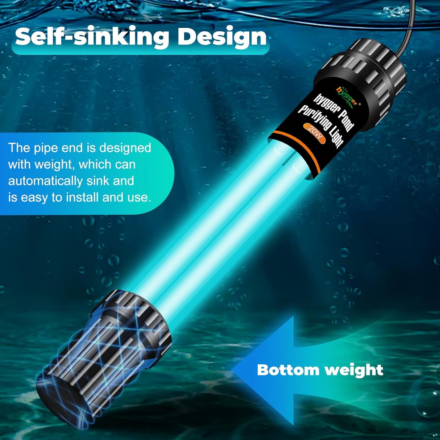 hygger 20W Aquarium U-V Light for 100-1200 Gallon, Pond Water Clarifier for Green Water and Algae Clean, for Koi Pond, Large Fish Tank, Swimming Pool, Cold Plunge, Spa