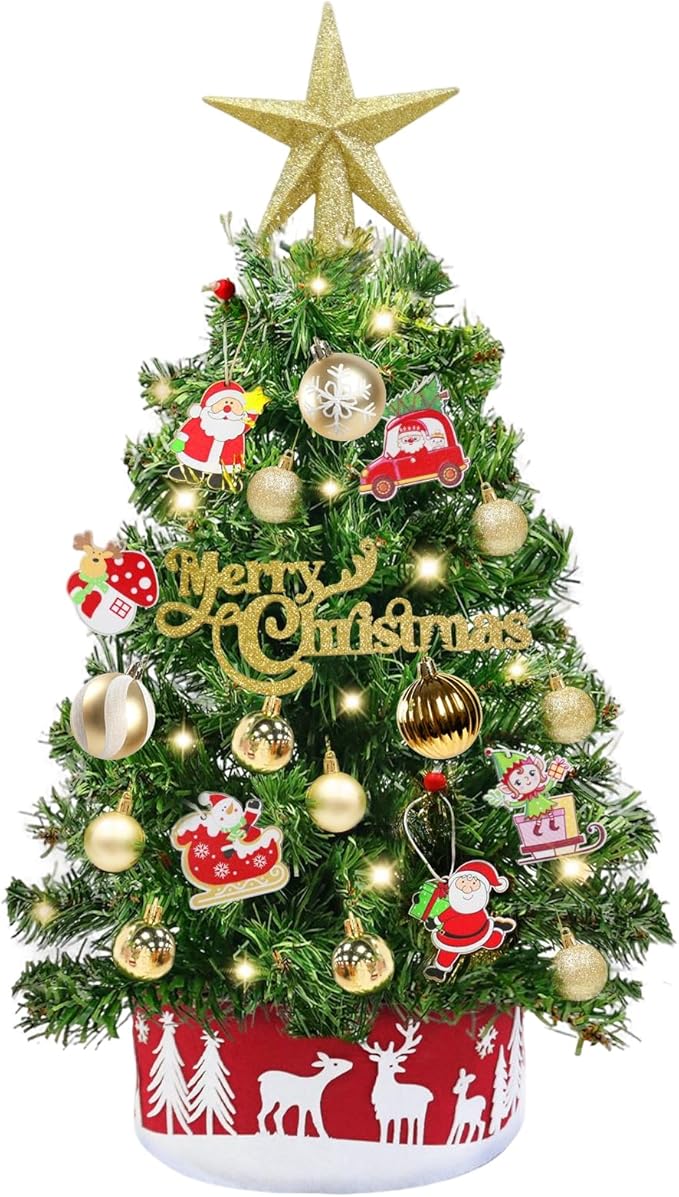 24" /2FT Mini Christmas Tree with Lights Timer 30 LEDs & 34 Ornaments, Small Tabletop Christmas Trees Artificial Christmas Decorations for Indoor Desk Room Office Home Decor Xmas
