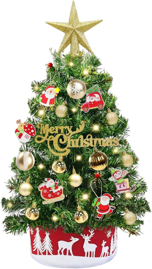 24" /2FT Mini Christmas Tree with Lights Timer 30 LEDs & 34 Ornaments, Small Tabletop Christmas Trees Artificial Christmas Decorations for Indoor Desk Room Office Home Decor Xmas