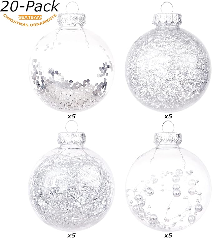 Sea Team Shatterproof Clear Plastic Christmas Ball Ornaments Decorative Xmas Balls Baubles Set with Stuffed Delicate Decorations (80mm/3.15 inch 20-Pack, Silver)