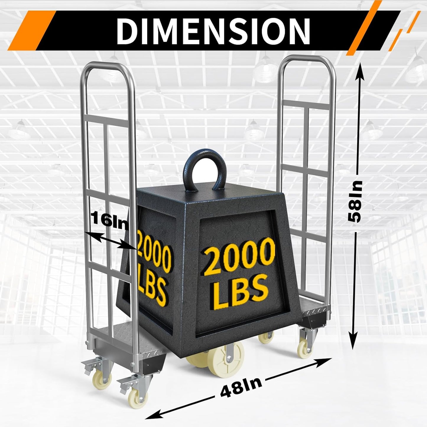 U-Boat Platform Truck Cart, 16 x 48 Inch Narrow Aisle Flatbed Truck w/6PCS Wheel Caster 2000LBS Weight Capacity Heavy Duty Platform Dolly with Removable Handles for Warehouse, Storage Room
