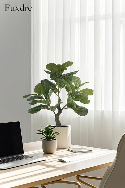Artificial Fiddle Leaf Fig Tree 23.5 inch, Ficus Tree Artificial with 27 Leaves in Pot for Home Office Decor, Fake Silk Trees Greenery for Indoor House Living Room Store Floor Decoration