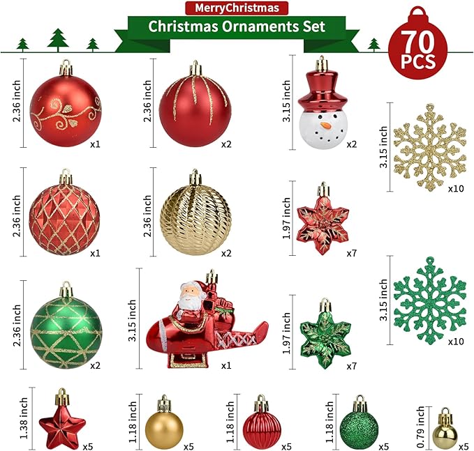 70 Pcs Christmas Ball Ornaments Set，Shatterproof Gold Ornaments for Xmas Tree，Christmas Ball Tree Hanging Ornaments for Christmas Decoration (Red Green)