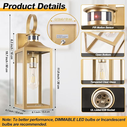 Large Motion Sensor Outdoor Wall Light 20" - Gold Dusk to Dawn Outdoor Lighting, Modern Wall Mount Light Fixture, Waterproof Porch Light Fixture for Outside House Garage, 3 Modes/Anti-Rust