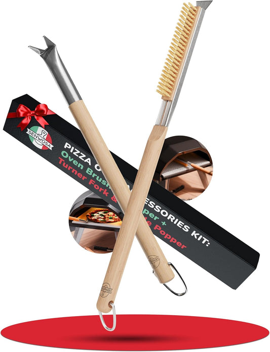 Pizza Oven & Stone Brush with Scraper, Turning Fork & Bubble Popper Bundle - Essential Accessories & Tools for Any Pizza Oven