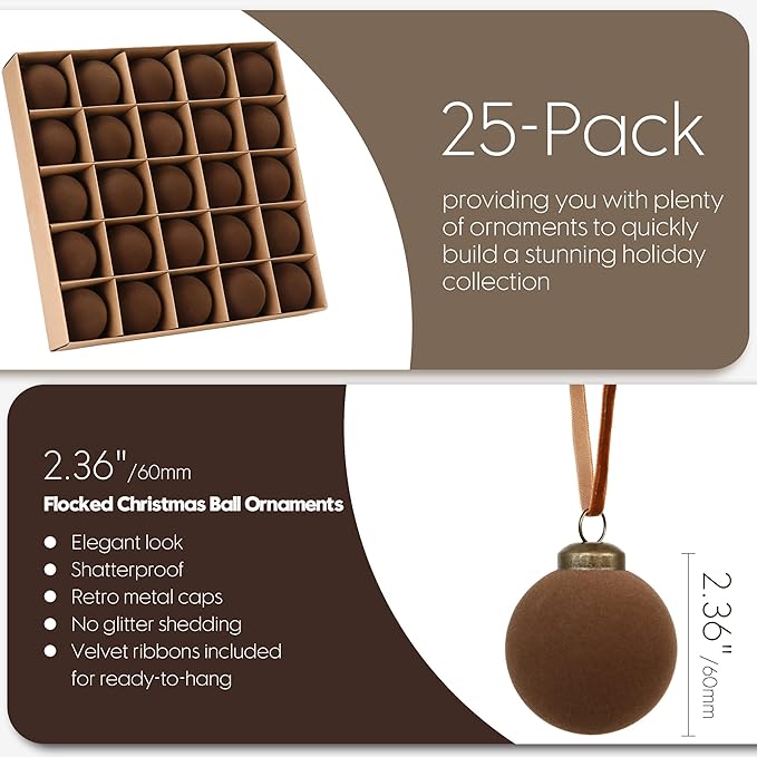 Sea Team 25-Pack Flocked Velvet Christmas Tree Ball Ornaments Set, Hanging Velour Baubles, Shatterproof Plastic Decorations for Xmas Tree, Wreath, Garland, 60mm/2.36 Inches, Brown