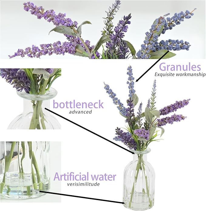 Abzo Fake Flowers- Artificial Lavender Plants in Glass Vase with Faux Water,Faux Silk Flowers Fake Plant Decor for Home Office, Bathroom Farmhouse Kitchen Dining Table Decor