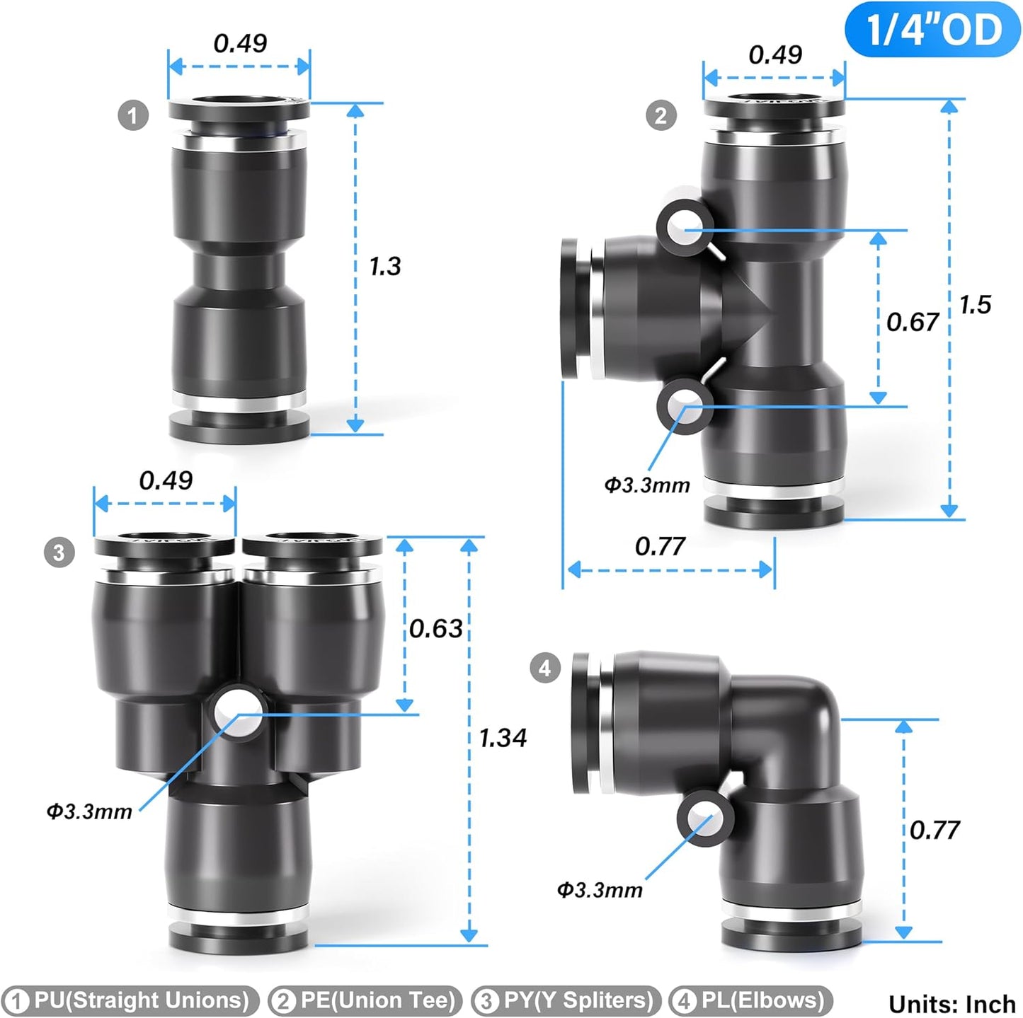 TAILONZ PNEUMATIC Black 1/4 Inch od Push to Connect Fittings Pneumatic Fittings Kit 20 Spliters+20 Elbows+20 tee+20 Straight (80 pcs)