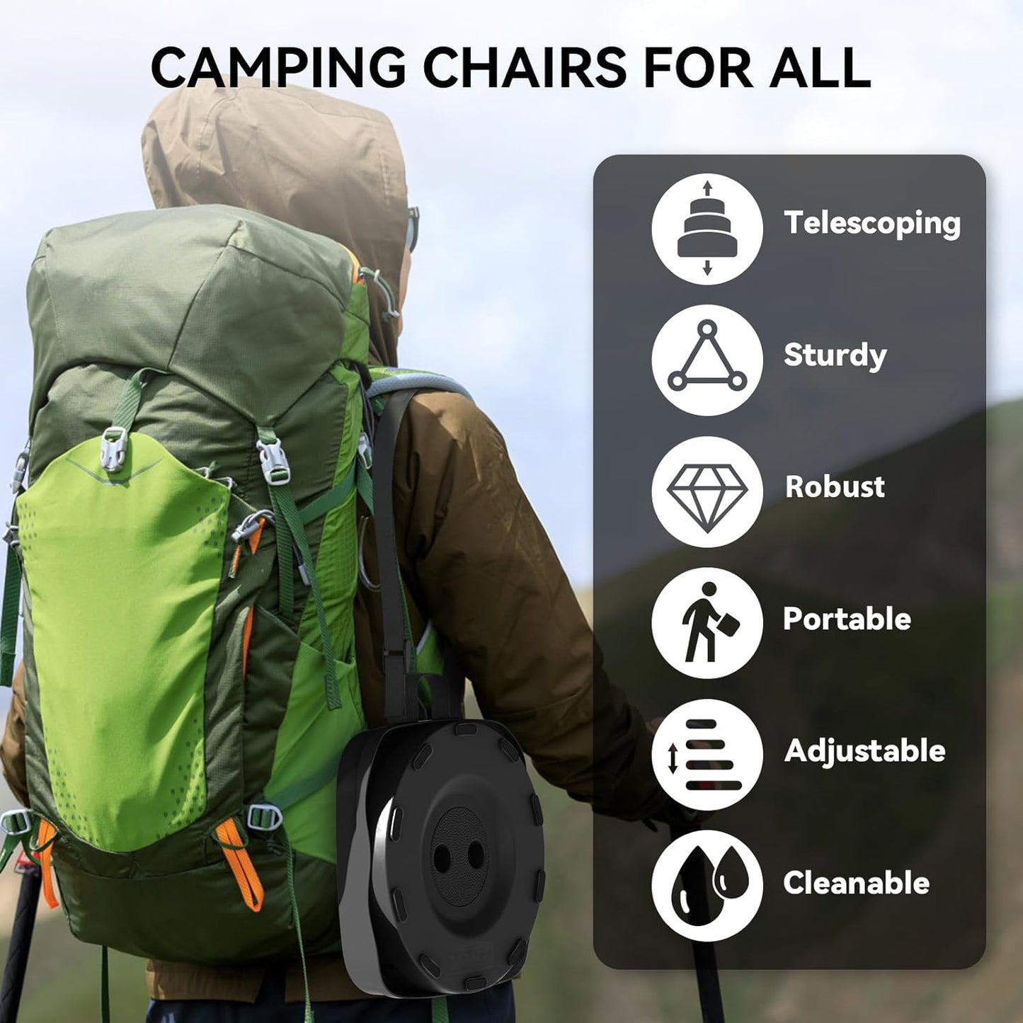 2025 Upgraded Portable Folding Stool, Collapsible Stool, Telescoping Camping Stool with Max Load Capacity 485lbs, Square Retractable Seat for Camping Gardening Fishing Hiking BBQ[Black]