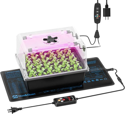 Hon&Guan 1 Pack Seed Starting Kit - 30 Cell Seed Starter Tray with Higher 5.3” Humidity Dome, LED Growing Lights and 10"x20.75" Seedling Heat Mat, Adjustable Vents - Germination & Plant Propagation
