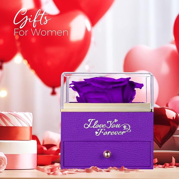 NEWNOVE Preserved Real Purple Rose with Angle Wings Necklace, Christmas Flowers Gifts for Mom Grandma Wife Girlfriend, I Love You Gifts for Her, Anniversary or Birthday Gifts for Women