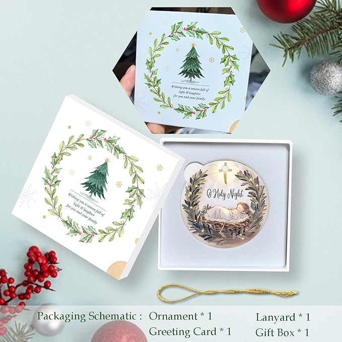 O Holy Night Ornaments Round Ceramic Silent Night Birth of Jesus Cross Christ Ornament Christmas Keepsake Decor for Christmas Tree Winter Holiday Xmas Gift for Women Men Xmas Hanging Ornament 3"