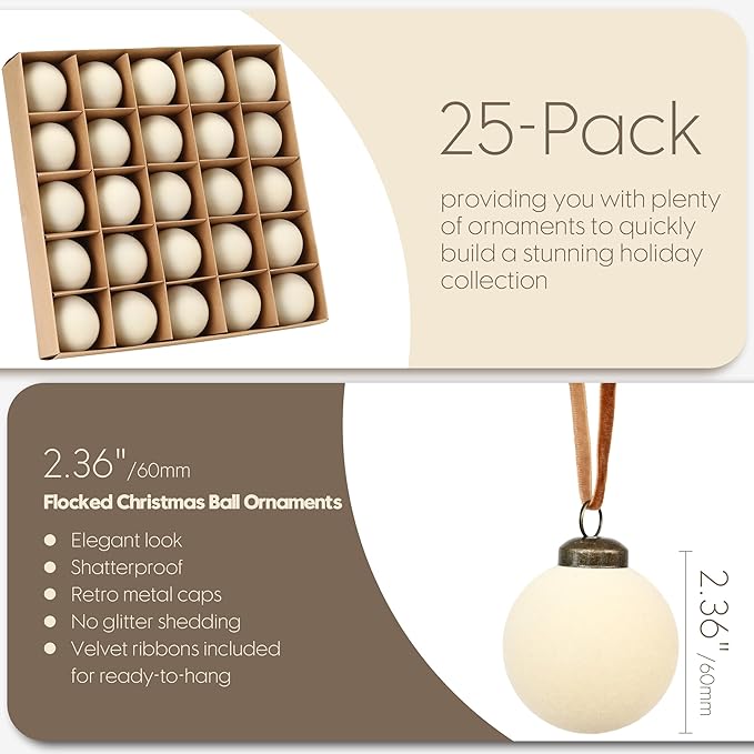 Sea Team 25-Pack Flocked Velvet Christmas Tree Ball Ornaments Set, Hanging Velour Baubles, Shatterproof Plastic Decorations for Xmas Tree, Wreath, Garland, 60mm/2.36 Inches, Cream