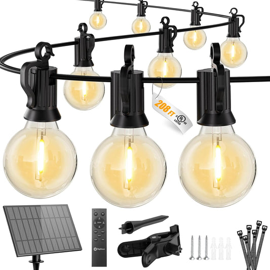 Brightown 208FT Solar String Lights Outdoor with Remote and 102 LED Shatterproof Bulbs, Dimmable & Timable, 3 Light Modes, Solar Patio String Lights Outdoor for Cafe, Garden, Deck, Outside Wedding