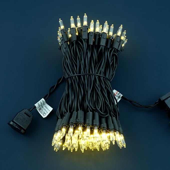 YULETIME 100 Count Clear Warm White Christmas Lights, 33 Feet Black Wire UL Certified Incandescent-Like LED Mini String Lights