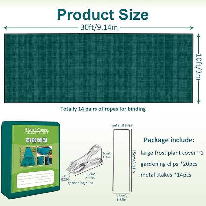 Plant Covers Freeze Protection, 10ft x 30ft 1.41 oz/yd² Frost Cloth Plant Blankets Floating Row Covers with 20 Stainless Steel Clips for Winter Plants Gardens Frost/Sun Pests Protection, Dark Green