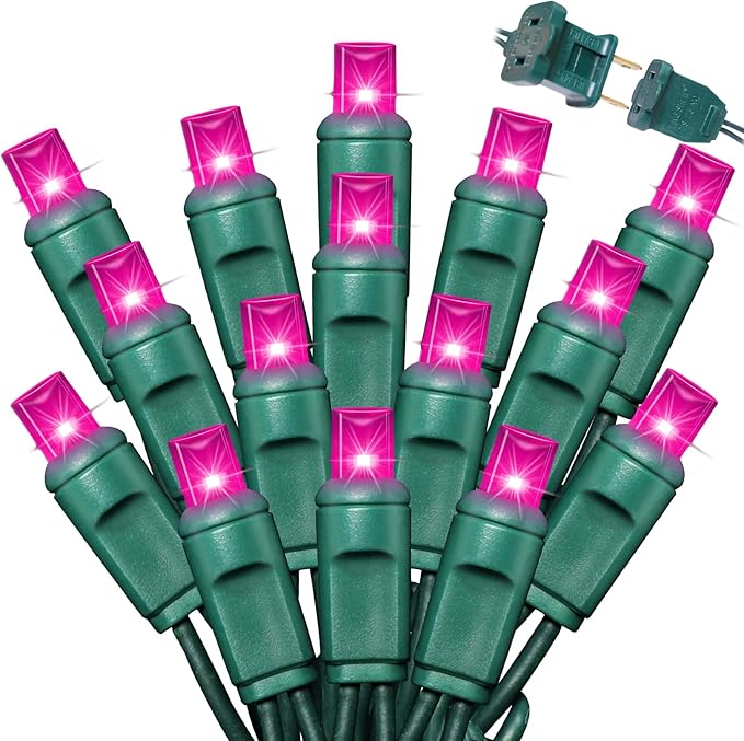 LAMPHOME 1200LED (24pk of 50L) String Lights, LED Christmas Lights, 6" SPACING,Green Wire, Pink