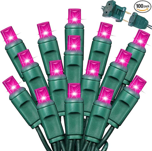 LAMPHOME 100Count (2pk of 50L) String Lights, LED Christmas Lights, 6" SPACING,Green Wire,Pink