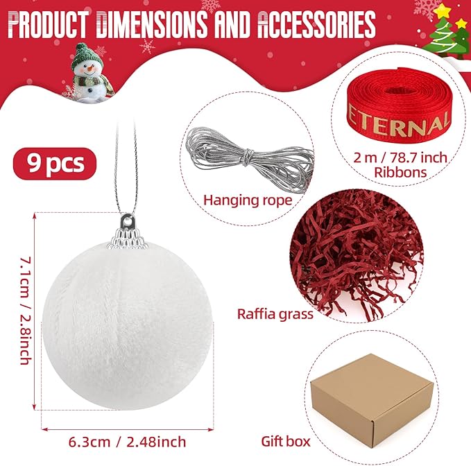 Woration 9pcs Christmas Tree Ornaments Velvet Balls Shatterproof 2.36inches White Flocked Balls Hanging Xmas Trees Decorations for Wreath Holiday Party