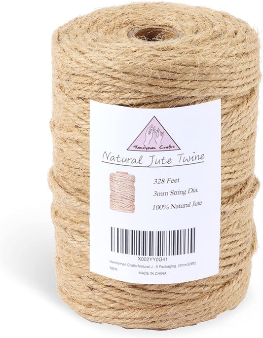 Natural Jute Twine Rope (1.5mm/2mm/3mm/6mm) Durable String for Handmde Crafts,Gardening Applications,Home Gardening,Cat Scratching Post,Gift Packaging... (3mm*328ft)