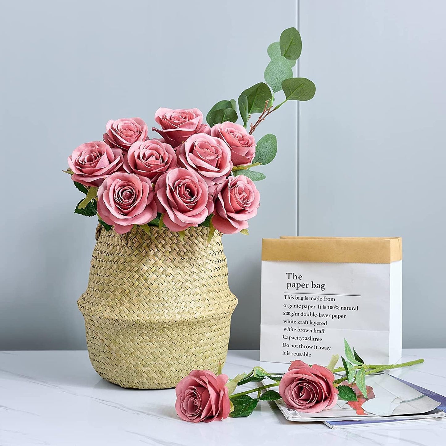 12pcs Roses Artificial Flowers Fake Roses Dusty Rose Pink Silk Roses Silk Flowers Rose with Long Stems for Wedding Home Party Centerpieces Decorations