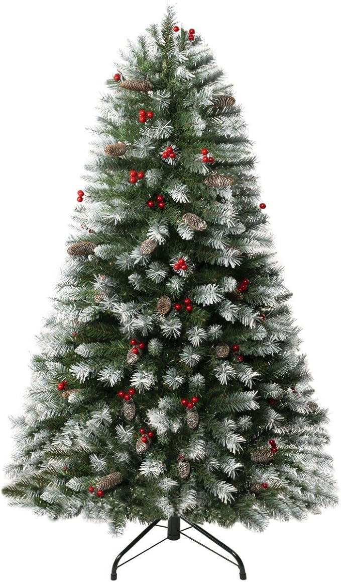 Naomi Home 4.5ft Vancouver Pre-Lit Artificial Christmas Tree with Pine Cones, Faux Berries, Foot Pedal, 398 Branch Tips, 200 Warm Lights and Metal Stand, 33" wide