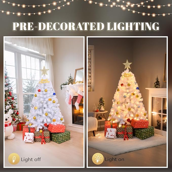 VINGLI 4ft White Artificial Christmas Tree with 140 Warm White Lights, 8 Lighting Modes, 346 Full Tips Branches, Sturdy Metal Stand, Pre-Lit Xmas Tree for Holiday & Party Decorations