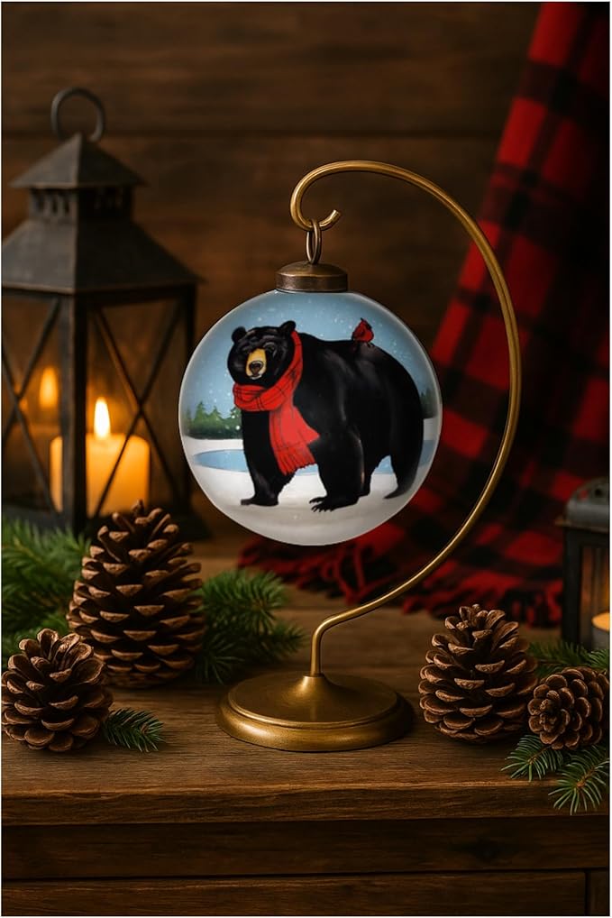 Black Bear Ornament with Red Scarf and Cardinal – Hand-Painted Glass Wildlife Christmas Ornament for Woodland Holiday Décor, Rustic Cabin Theme