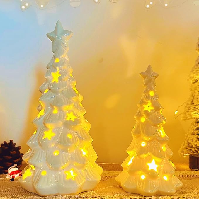 White Ceramic Christmas Trees with Lights, 2Pcs Light Up Table Top Porcelain Christmas Tree, Tabletop Mini Xmas Tree Figurines for Modern Home Decoration