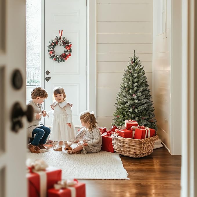 3FT Mini Christmas Tree,Tabletop Christmas Tree with Cloth Bag Base and Colorful LED Light, Snow Flocked Artificial Tree Christmas Decorative for Outdoor & Indoor 21.65"D x 21.65"W x 36"H