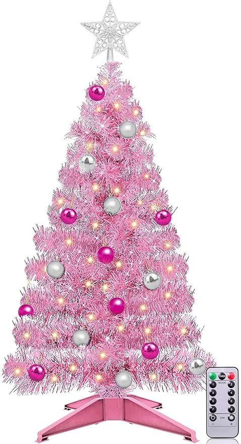 TURNMEON Remote Control 8 Modes 3 Ft Christmas Tree Warm Lights 15 DIY Ball Ornaments Star Battery Operated Artificial Pink Full Tree Timer Holiday Xmas Decoration Home Indoor Table Valentine's Day