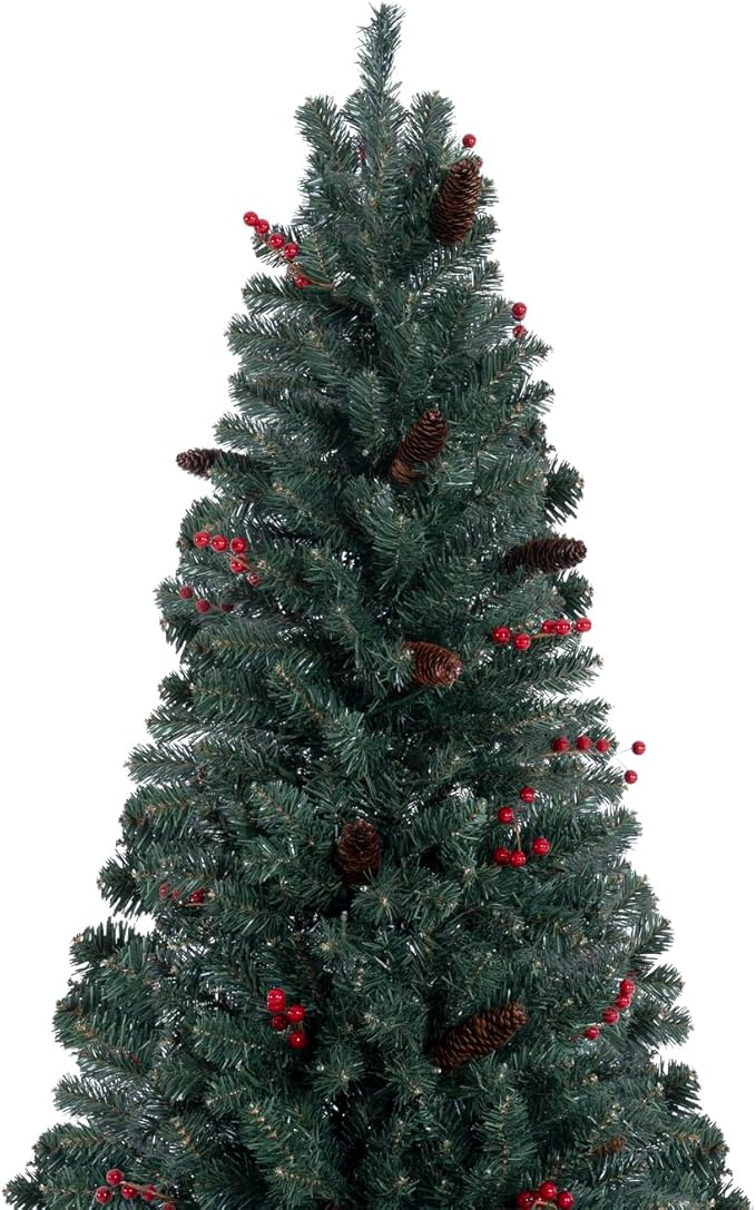 Naomi Home 6.5ft Pencil Christmas Tree with Lights, Realistic Pre-Decorated Slim Christmas Tree Prelit with 754 Branch Tips, 250 Warm Lights and Metal Stand, Aritificial XmasTree