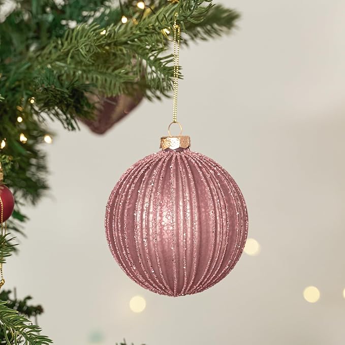 DN DECONATION 4PCS Christmas Ball Ornaments Set – 4” Pink Glass Hanging Ball Ornaments Set for Christmas Tree with Shimmering Silver Lines, Winter Decor Holiday Party Xmas Decorations