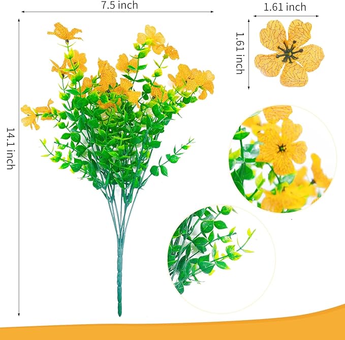 20 Bundles Artificial Flowers for Outdoors‌ with 6 Faux Butterflies, UV Resistant Fake Flowers‌ with Eucalyptus Leaves, Artificial Plants Outdoor‌ for Patio Garden Porch Home Decor (Yellow)