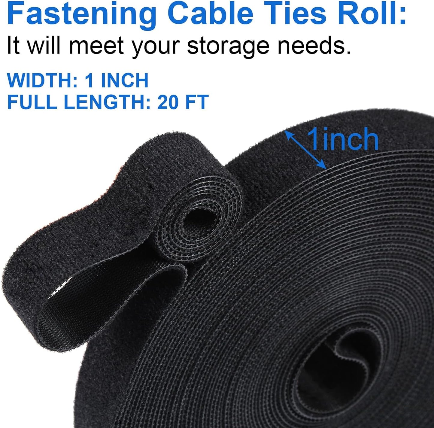 OneLeaf Hook and Loop Roll Reusable Fastening Cable Ties, 20ft x 1inch Black Heavy Duty Cord Organizer Straps, Free Cutting Multi-Purpose Cable Management Tape for Home and Office
