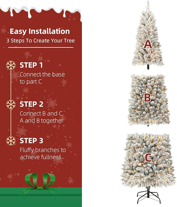 Pencil Prelit Christmas Tree 7.5ft - Skinny Flocked Artificial Christmas Tree with 290 Warm White Lights, 896 Snowy PVC Branch Tips, Slim Holiday Tree Decoration for Xmas - White