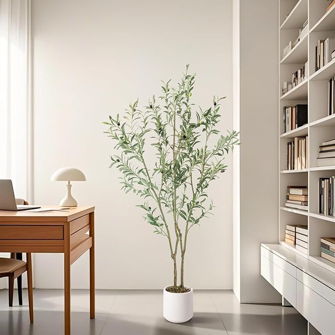 Artificial Fake Olive Tree 5FT Tall 1Pack with White Planter Faux Silk Olive Tree for Home Living Room Office Decor Faux Artificial Plants Indoor with Fruit & Free Moss
