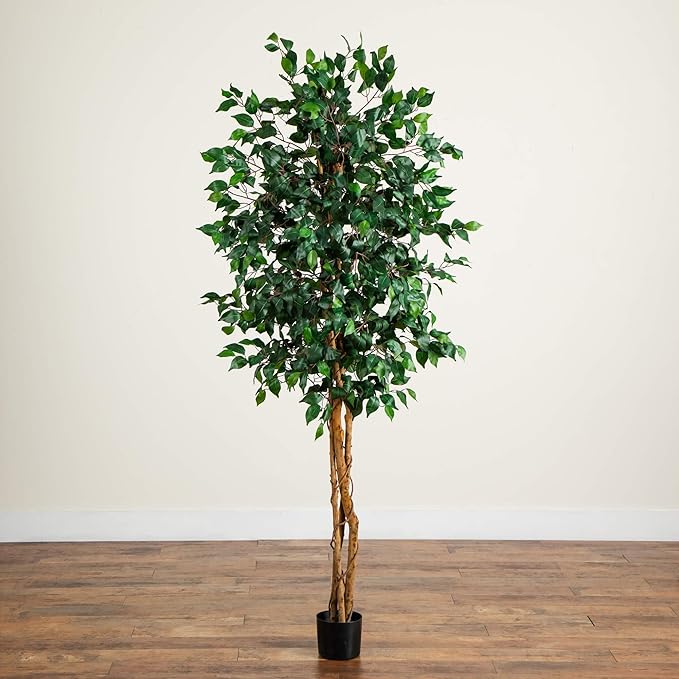 Nearly Natural 74in Triple Trunk Artificial Ficus Tree with Natural Wood Trunks, Fake Tree for Indoor Home Décor, Faux Ficus Tree with Black Nursery Pot