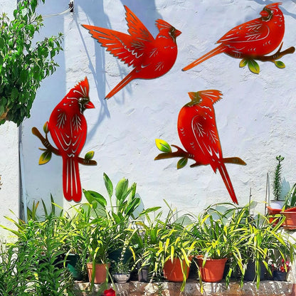 4 Pack Metal Cardinal Wall Art Decor Metal Birds 3D Outdoor Sculpture, Ornaments Hand-Made Nimble red Bird, Gifts for Mom,Birthday Gifts for Grandma Wife