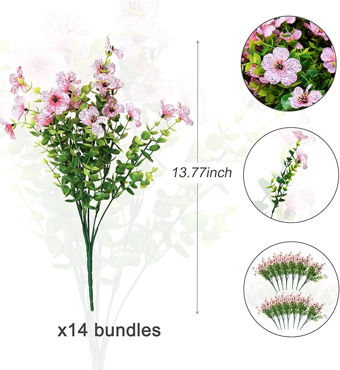 14 Bundles Fake Mums Fake Plants Artificial Mums for Outdoors Artificial Flowers for Yard Porch Home Garden Fall Indoor Outdoor Decor(Pink)