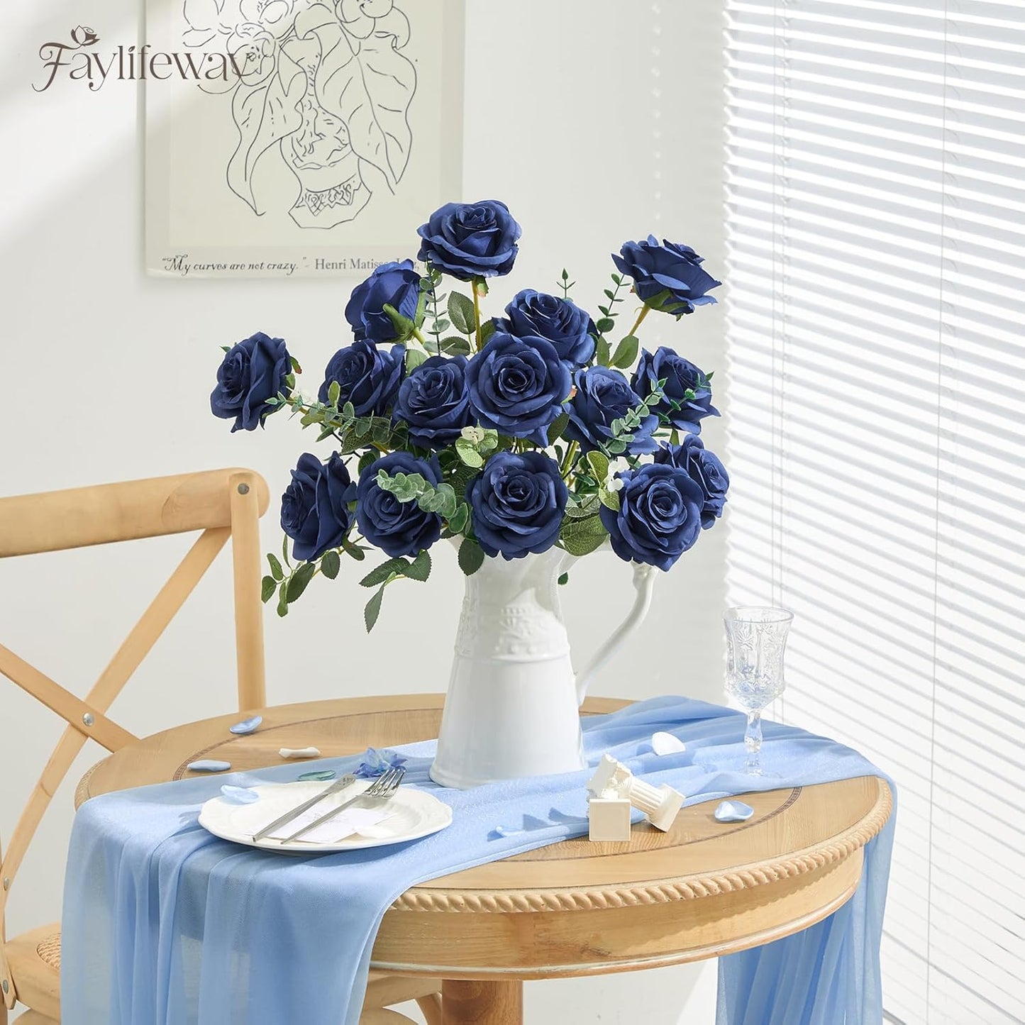 20PCS Artificial Dusty Blue Roses, 3.9'' Silk Flower Head Fake Blue Rose with Long Stems, Realistic Faux Roses Bouquet for Mother's Day DIY Wedding Home Party Office Decoration