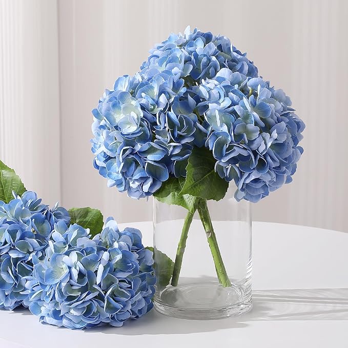 Nubry 22.44In Blue Hydrangea Artificial Flowers, 3Pcs Latex Faux Real Touch Large Hydrangea Flowers with Long Stems & Leaves for Home Office Decor Wedding Party Arrangements(Blue)