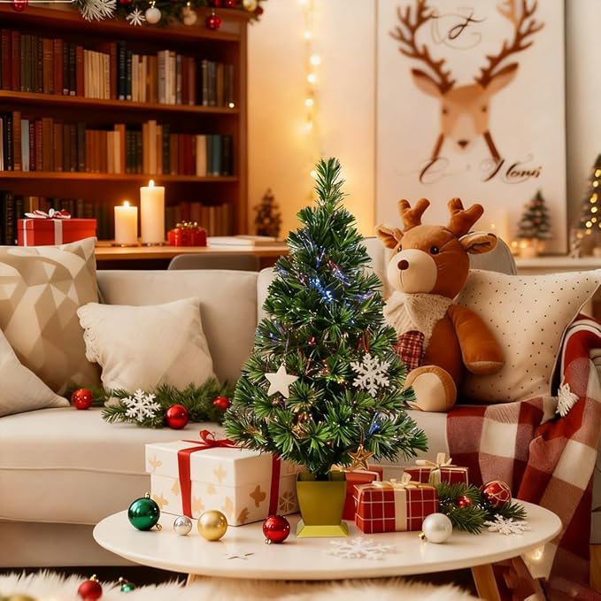 32inch Pre Lit Fiber Optic Christmas Tree,Small Christmas Tree with Lights,Mini Tabletop Christmas Trees,Starry Sky‌ Xmas Tree for Home,Office,Party Decoration,Indoor,Outdoor(Green)