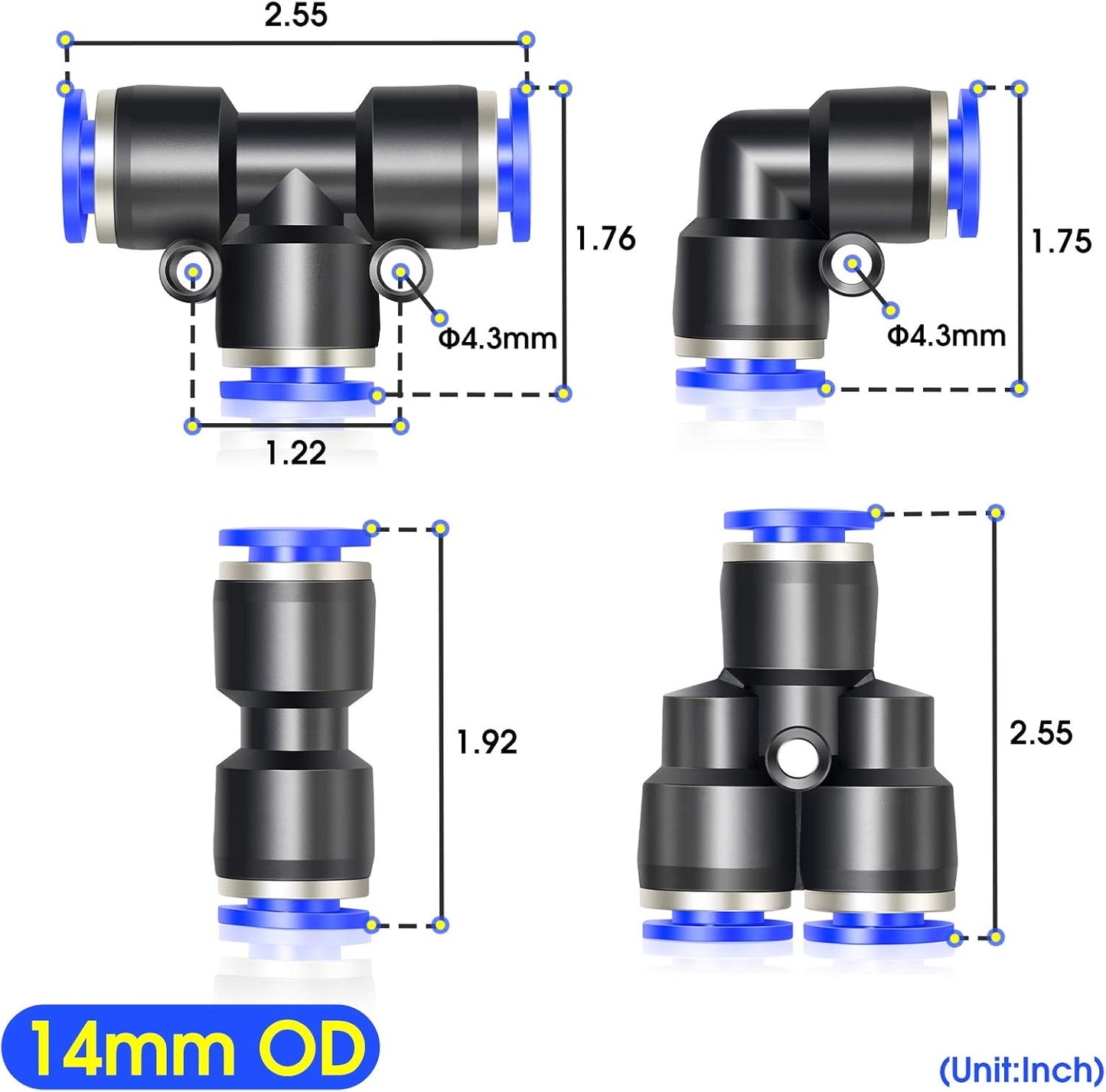 TAILONZ PNEUMATIC 14mm od Push to Connect Fittings Pneumatic Fittings Kit 2 Spliters+2 Elbows+2 tee+2 Straight (8 pcs)