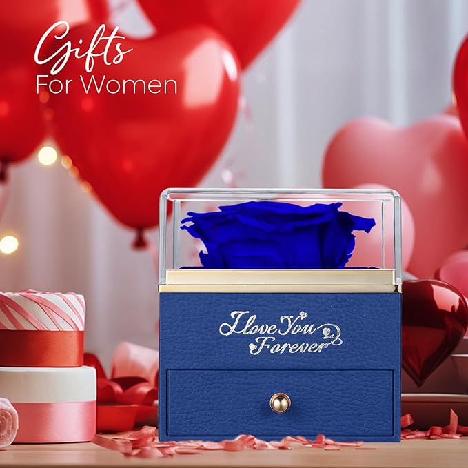 NEWNOVE Preserved Real Blue Rose with Angle Wings Necklace, Anniversary Birthday Gifts for Women, Wife Girlfriend Mom Gift Ideas, I Love You Gifts for Her